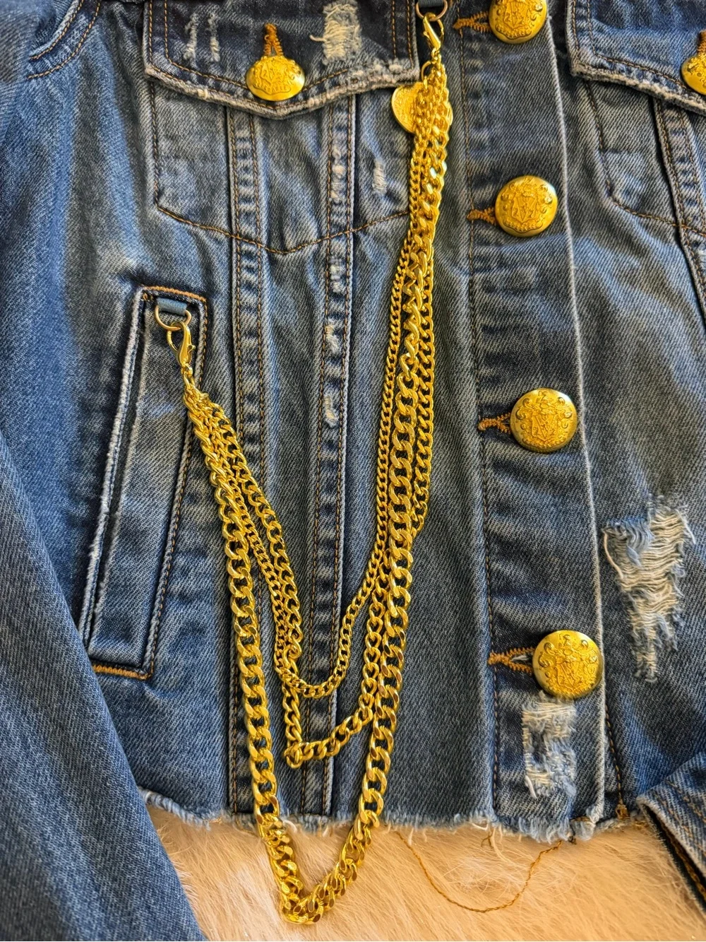 Veronica Beard Distressed Blue Cropped Denim Jacket with Gold Buttons & Chain